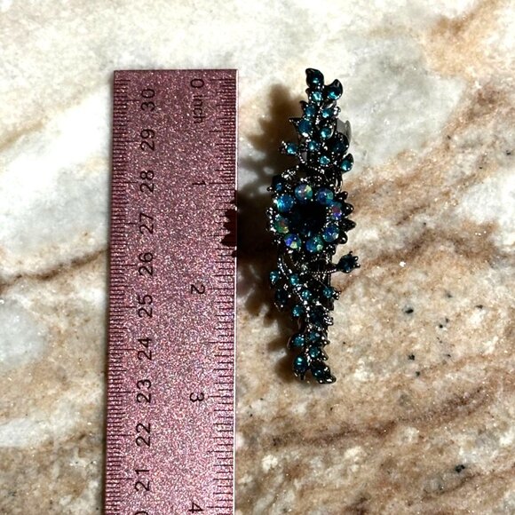 Turquoise Teal Aqua Blue Floral Crystal Rhinestone Medium Barrette/Hair Clip - Picture 5 of 5